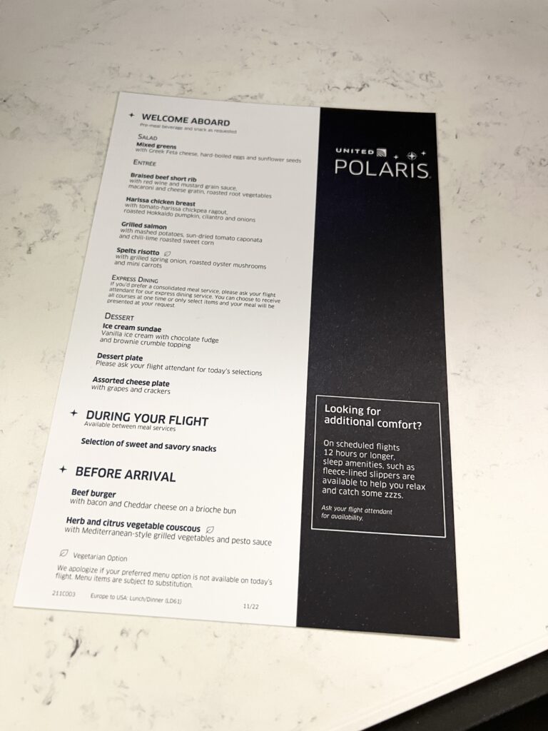 United Polaris Menu