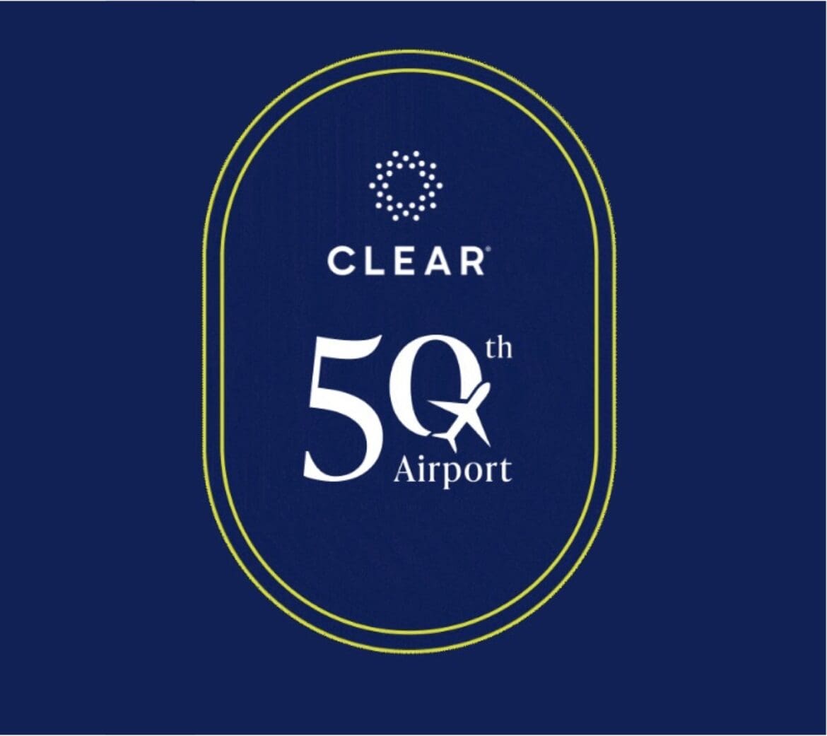 CLEAR 50th a blue and white logo