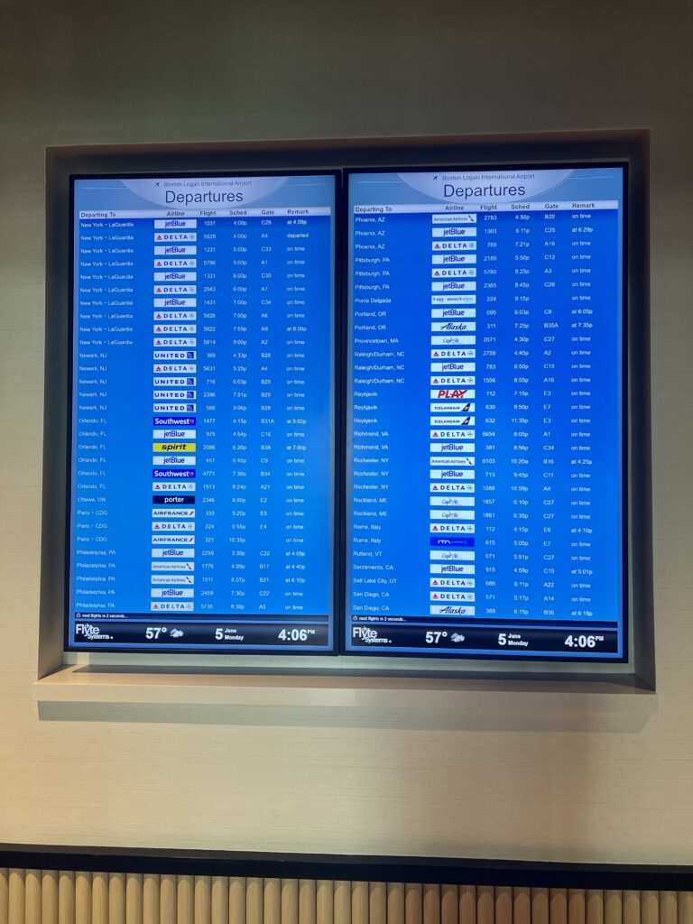Chase Sapphire Lounge BOS Departure Boards