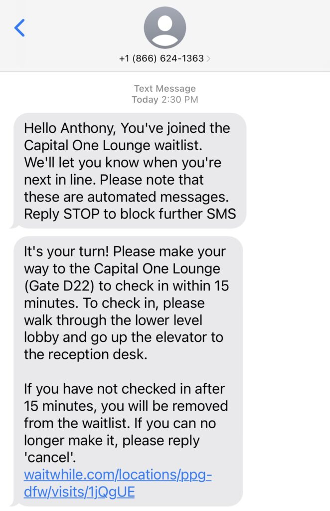 Capital One Lounge DFW Text