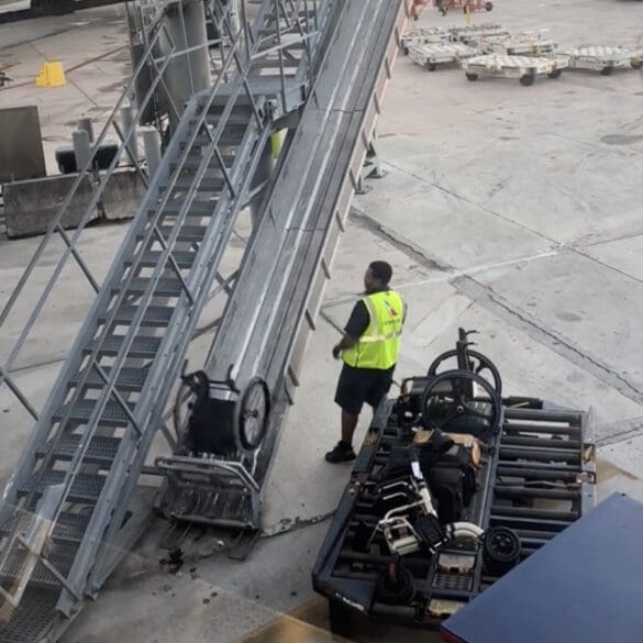 American Airlines' Baggage Handlers Toss a Wheelchair Down a Slide at