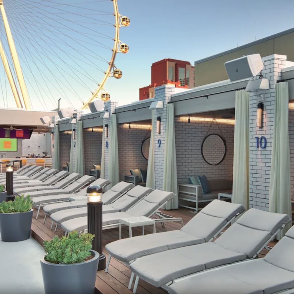 a group of lounge chairs on a roof