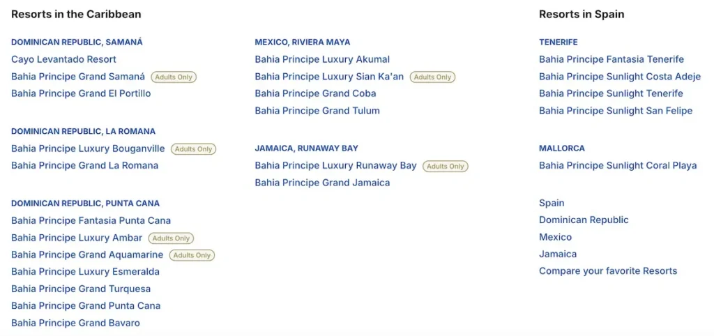 Bahia Principe Property List