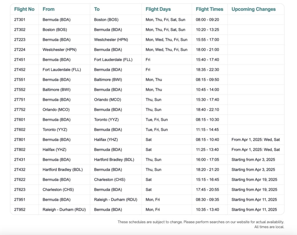 BermudAir Schedule