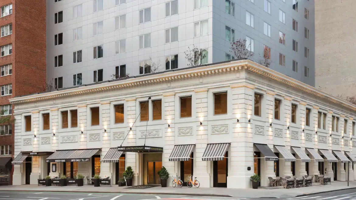 a building with awnings and windows