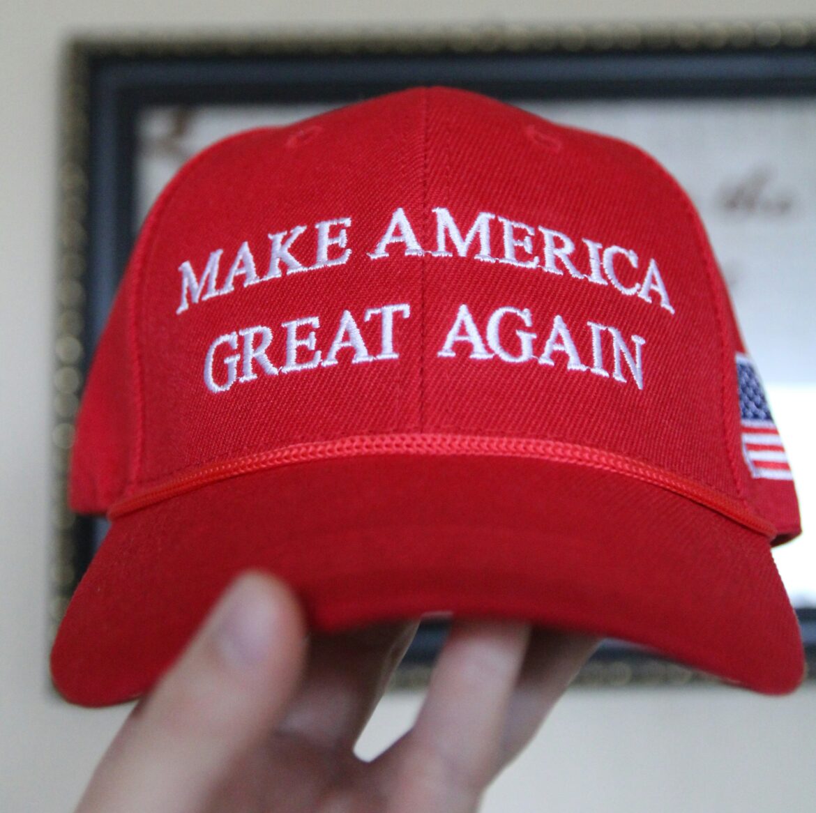 a red hat with white text on it