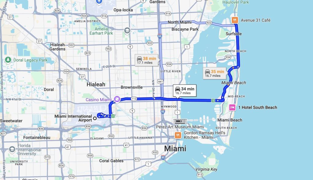 MIA Airport to Bal Harbour Map