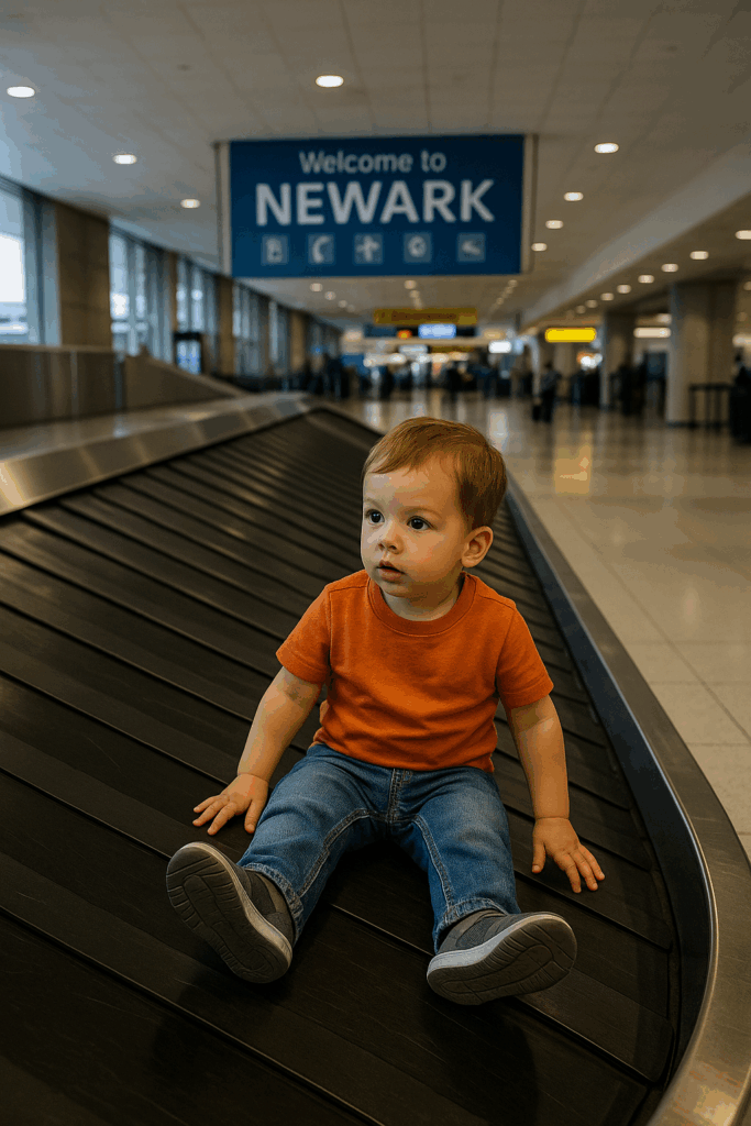 a child sitting on a conveyor belt