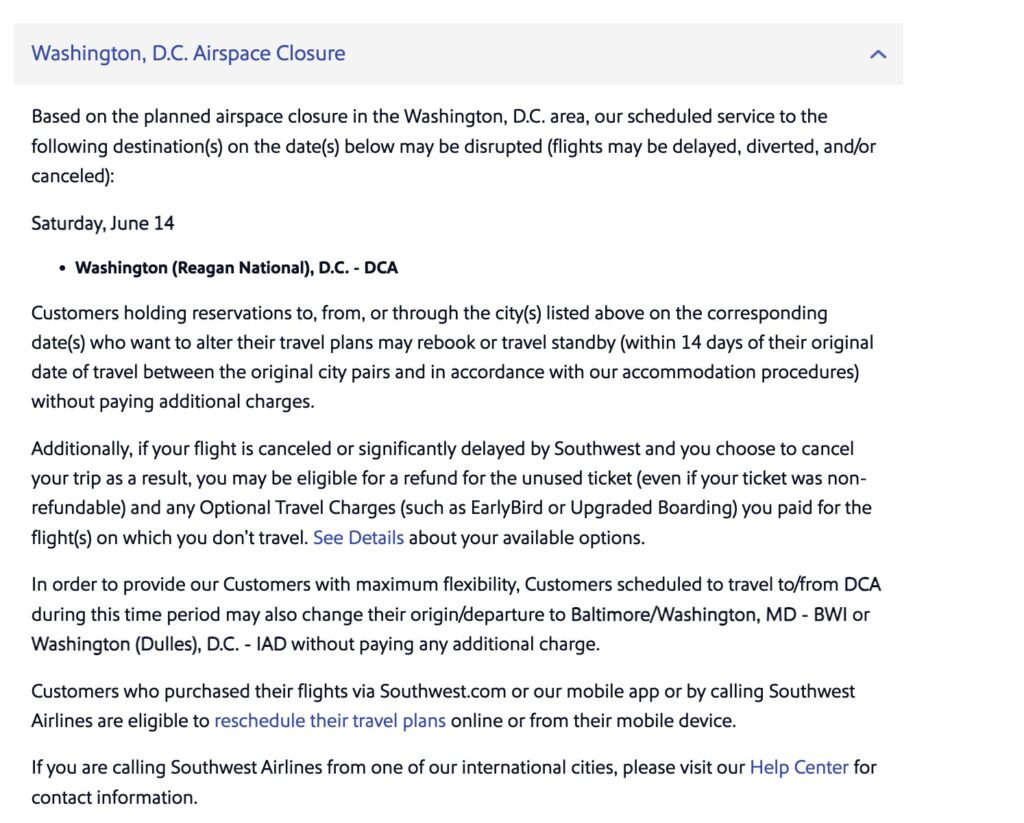 Southwest DCA Waiver