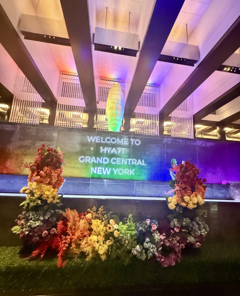 a stage with colorful flowers