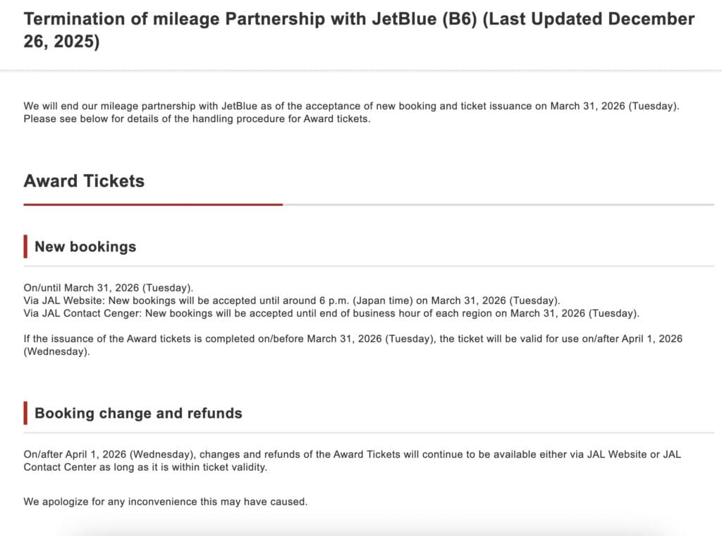 JetBlue Japan Airlines End
