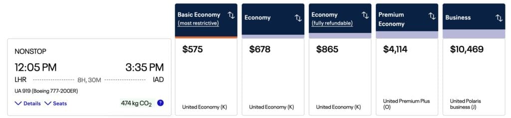UA LHR to IAD Booking