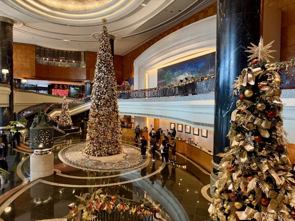 a large decorated tree in a large building