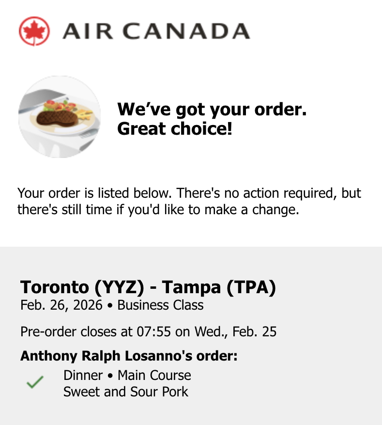 Air Canada Meal Choice