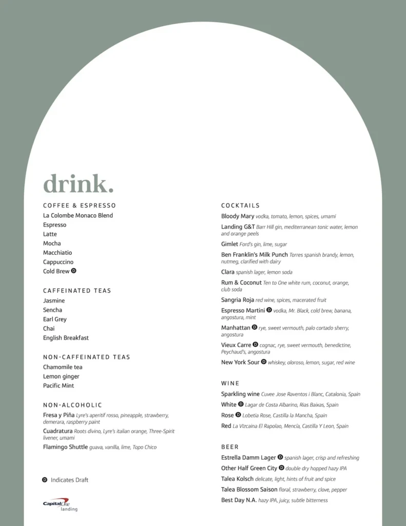 Capital One Landing Bar Menu